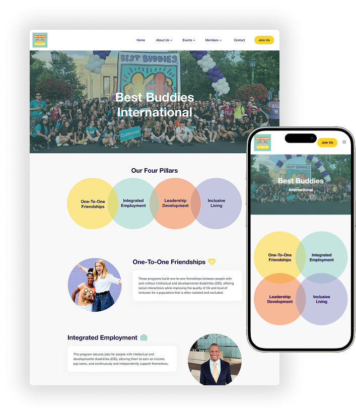 A laptop and phone showing screens of the Best Buddies' website interface