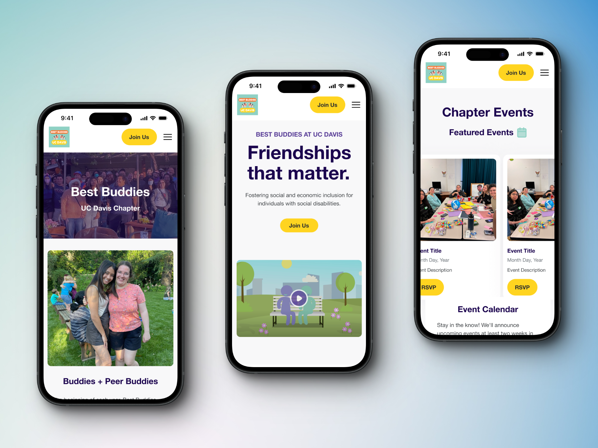 Three phones showing the interface of the Best Buddies' mobile interface design