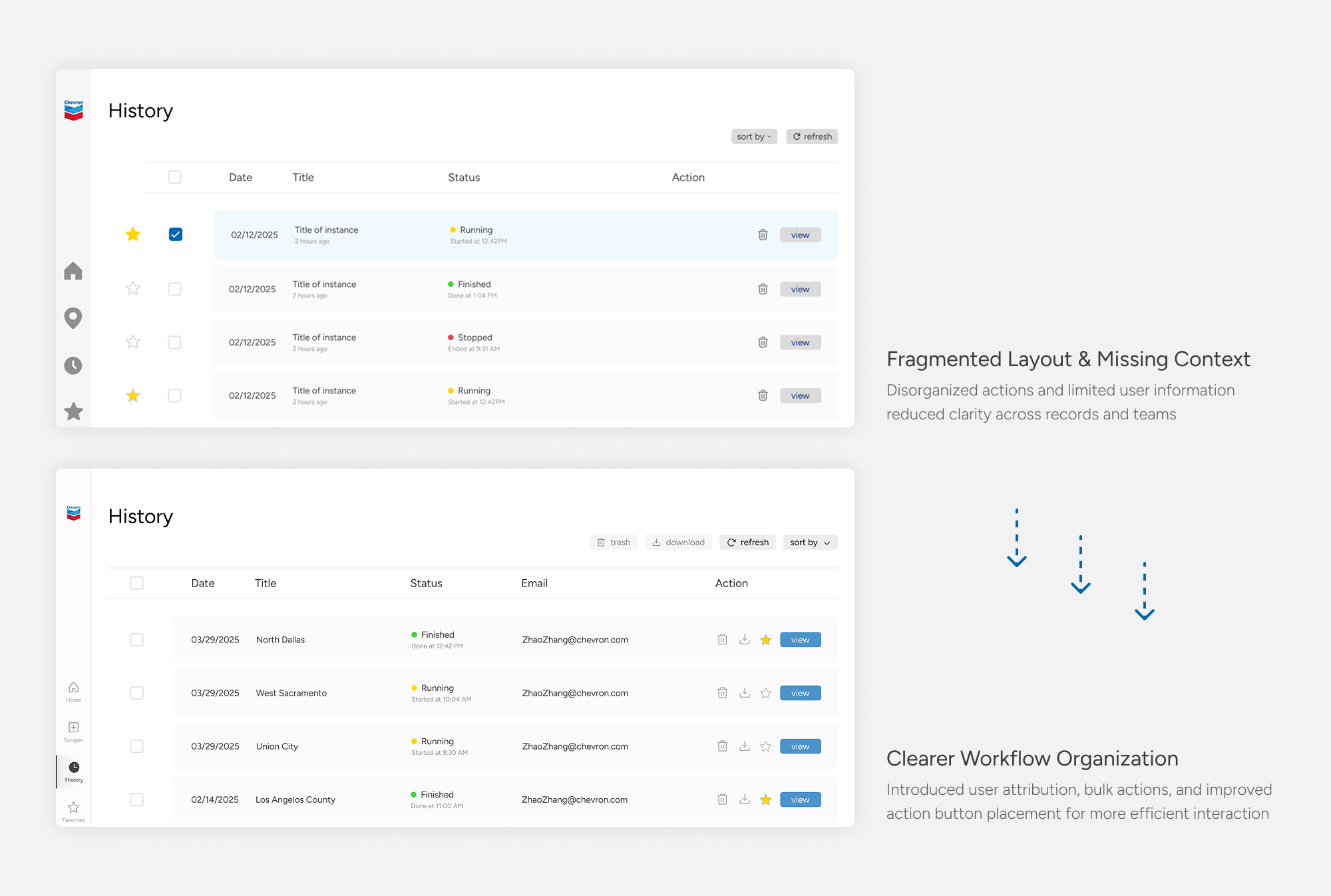 History page redesign comparison showing the transition from a fragmented layout to a more organized workflow with user attribution, bulk actions, and improved action placement.