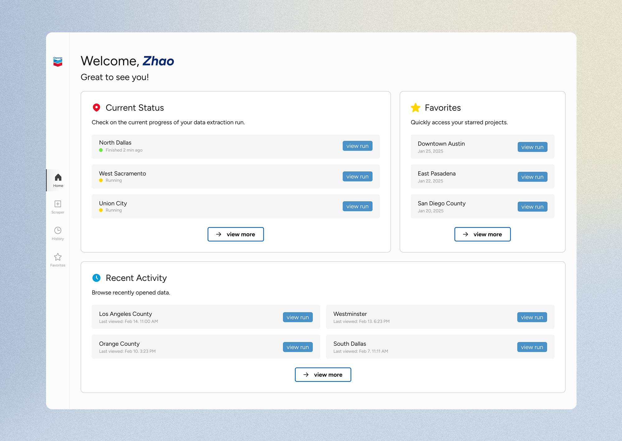 Final dashboard design for a web scraping tool displaying current scrape statuses, favorite projects, and recent activity for quick access to ongoing and completed data extractions.