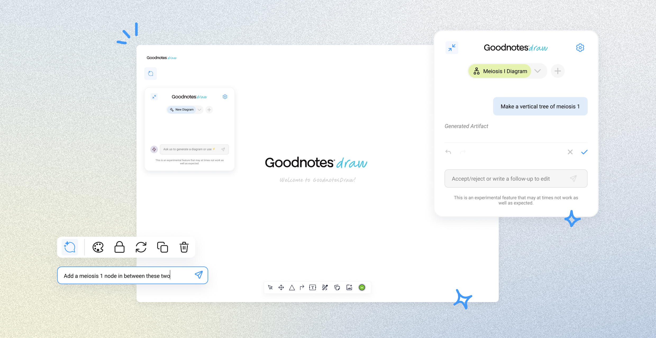 A large banner that depicts the main canvas design along with the chatbot and tool bar in front of a pastel blue and yellow gradient background