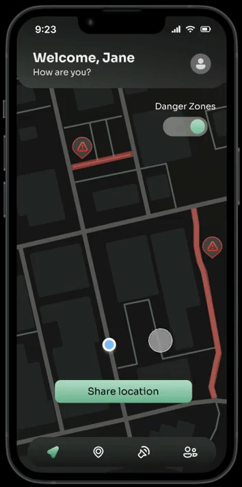 Animated gif showing the home page, location sharing, and route suggestion tools 
