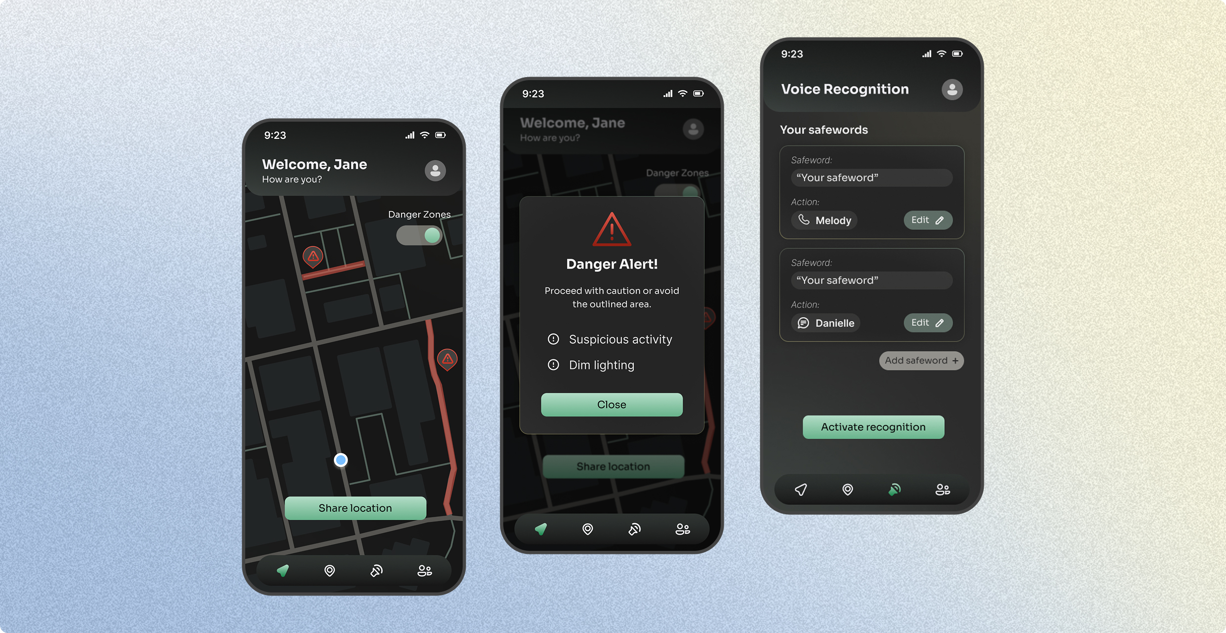 Mockups of the Safely mobile app showing a navigation map with highlighted danger zones, a danger alert overlay, and a voice recognition screen for managing personalized safewords.