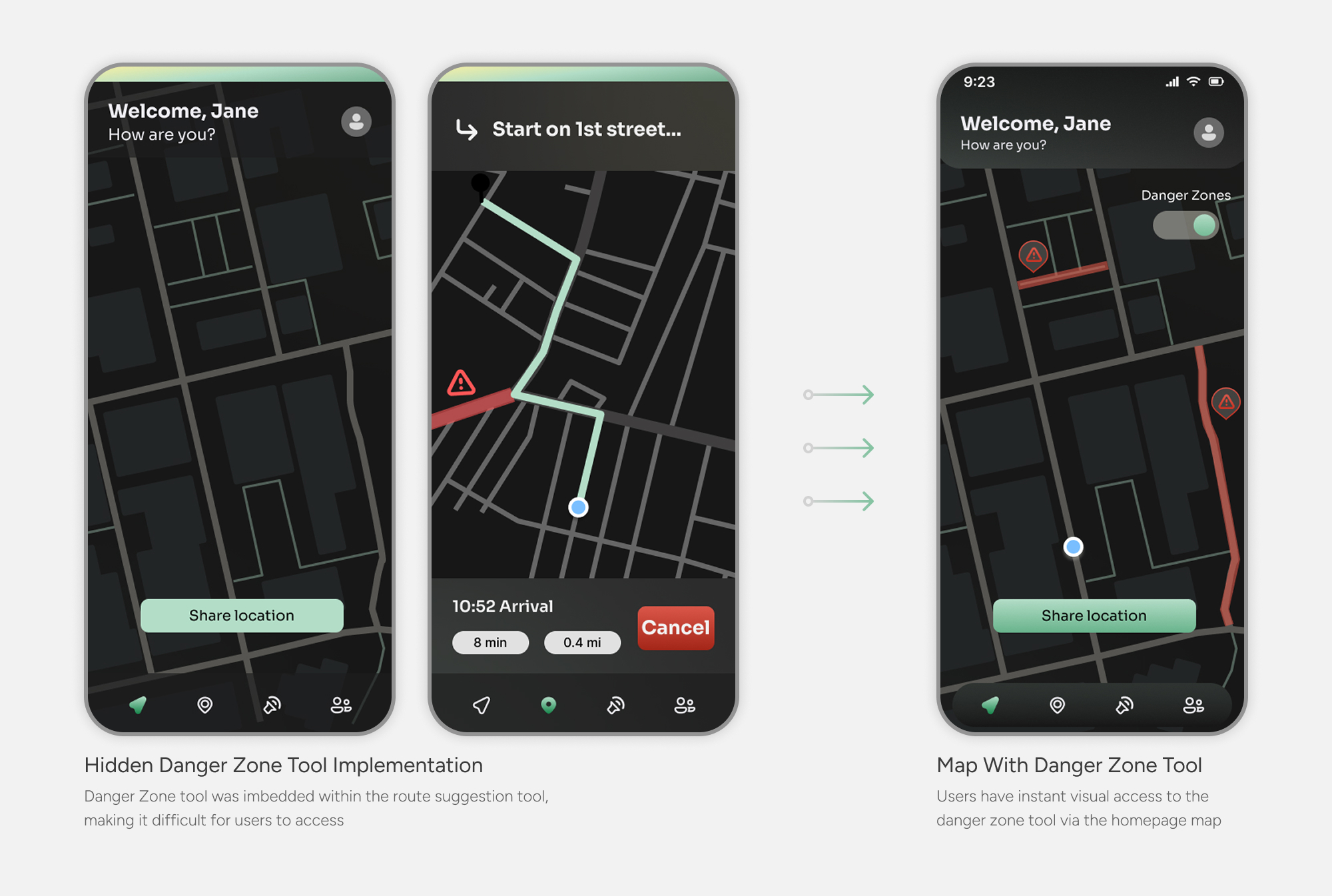 Before-and-after design comparison showing the danger zone feature moved from the route navigation flow to the home map, making it independently accessible.