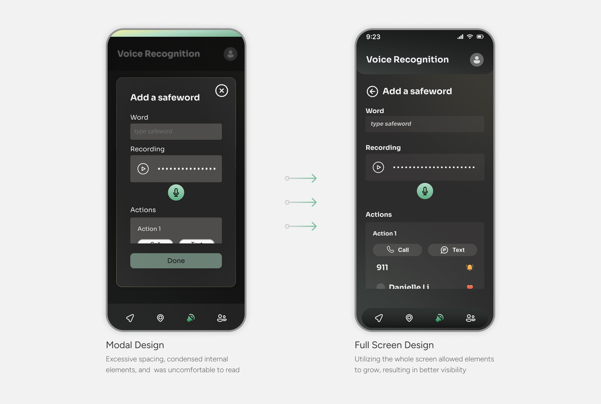 Before-and-after redesign comparison showing the voice recognition safeword setup expanded from a compact modal to a full-screen interface for improved readability and usability.