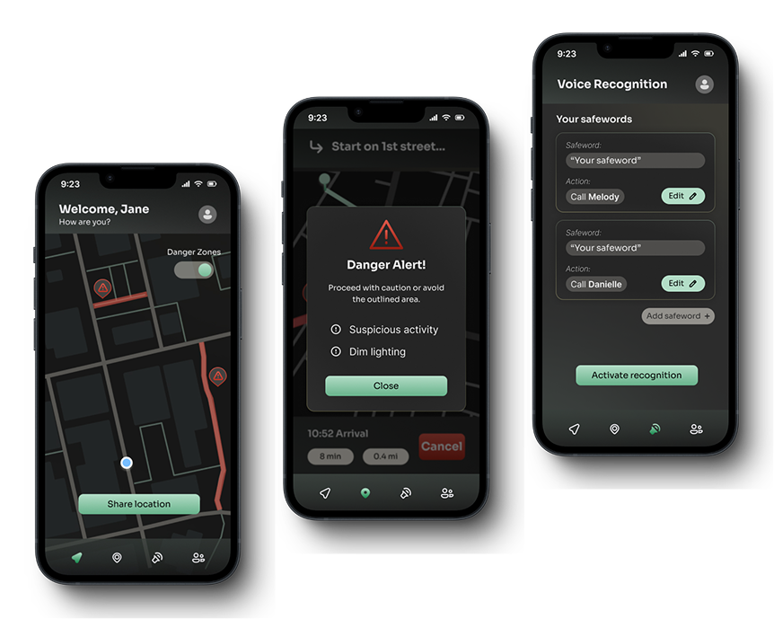 Two phones showing screens of Safely's interface