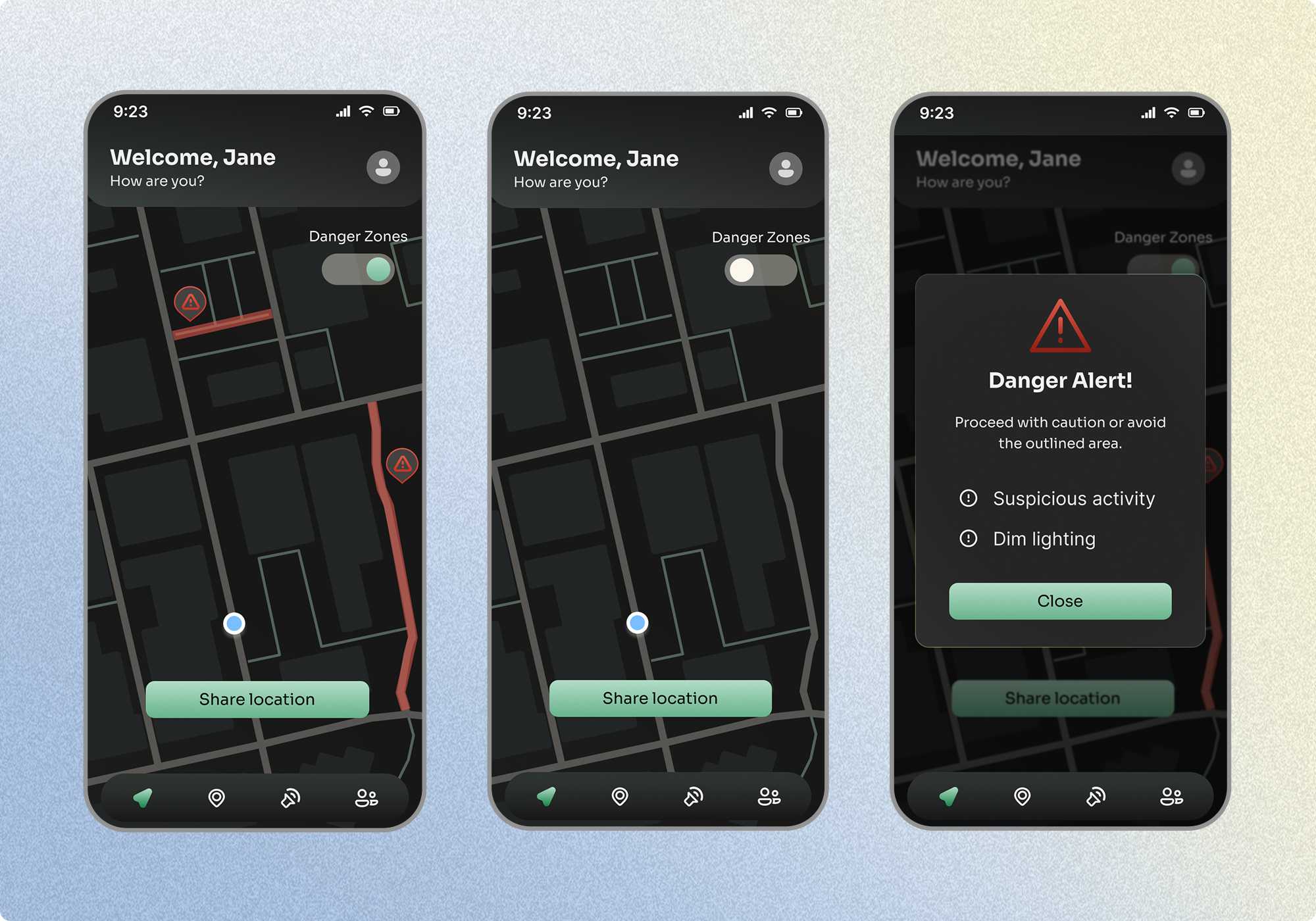 Homepage map showing three states: danger zones visible on the map, danger zones hidden with the toggle off, and a danger alert providing details about nearby safety concerns.
