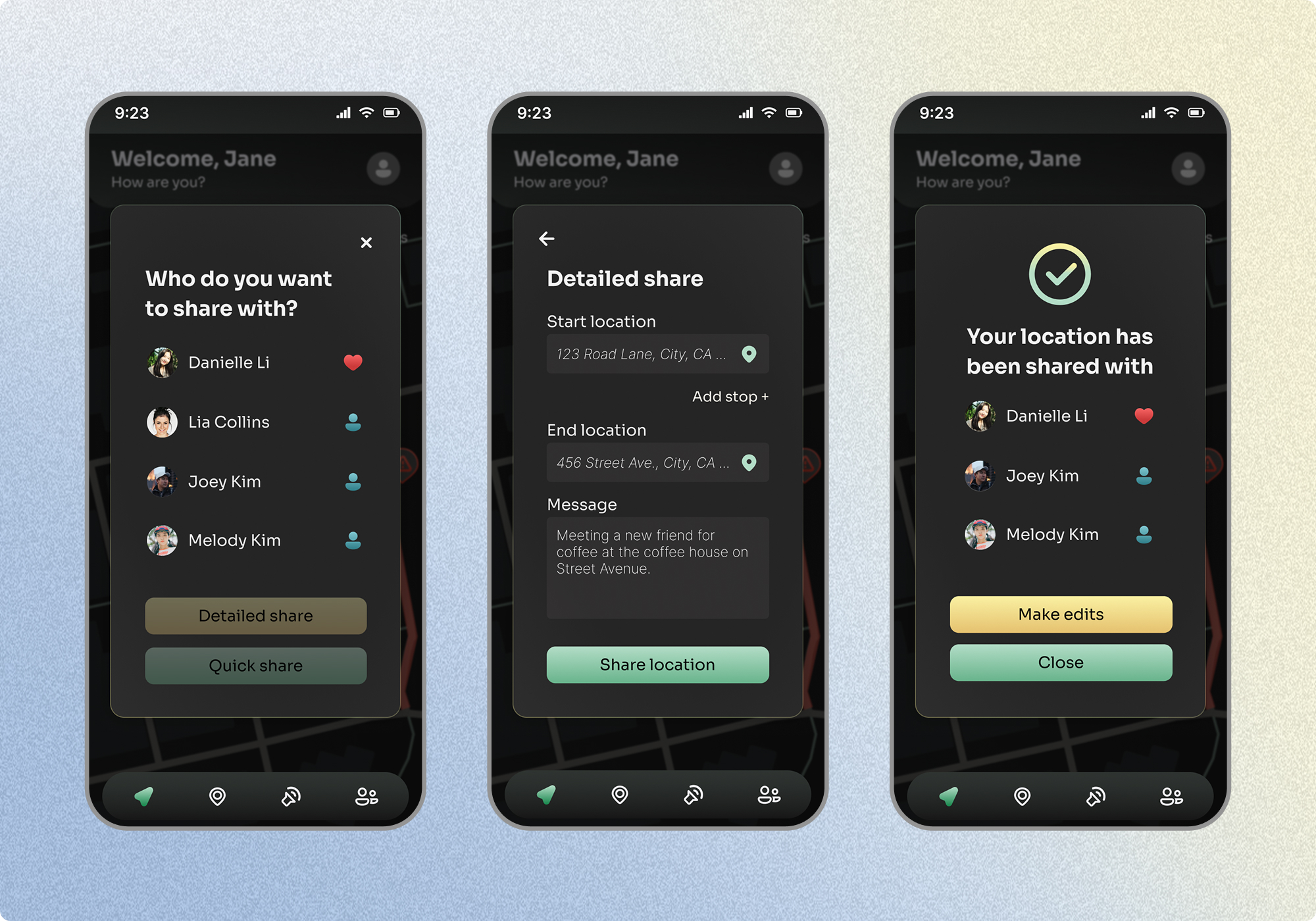 Location sharing flow showing contact selection, an optional detailed sharing screen with trip information and a message, and a confirmation screen indicating the selected contacts have received the user's location.