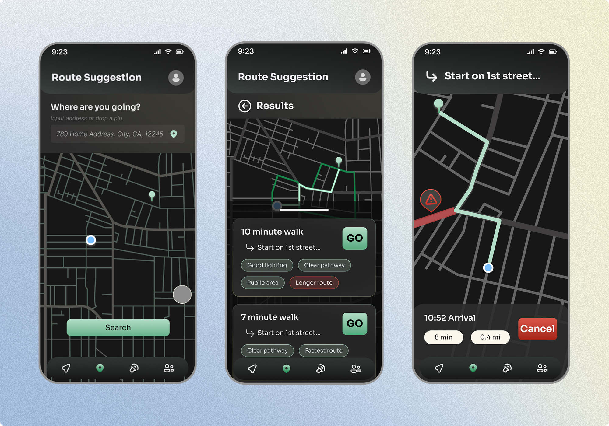 Route planning flow showing destination entry, multiple route options ranked by safety with labeled attributes, and turn-by-turn navigation highlighting the selected path.