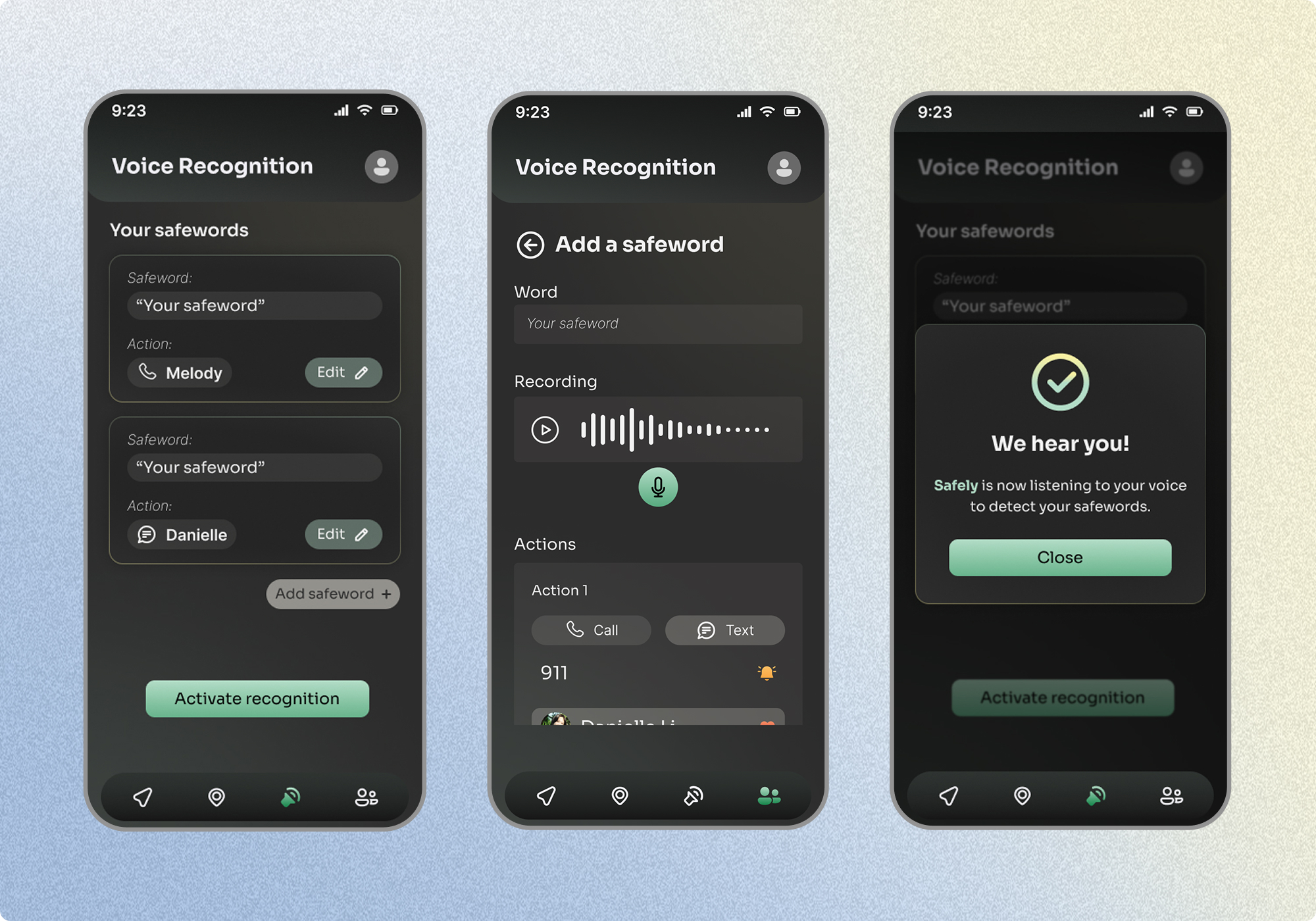 Voice recognition workflow showing saved safewords, safeword setup with linked actions, and confirmation that voice detection has been activated.