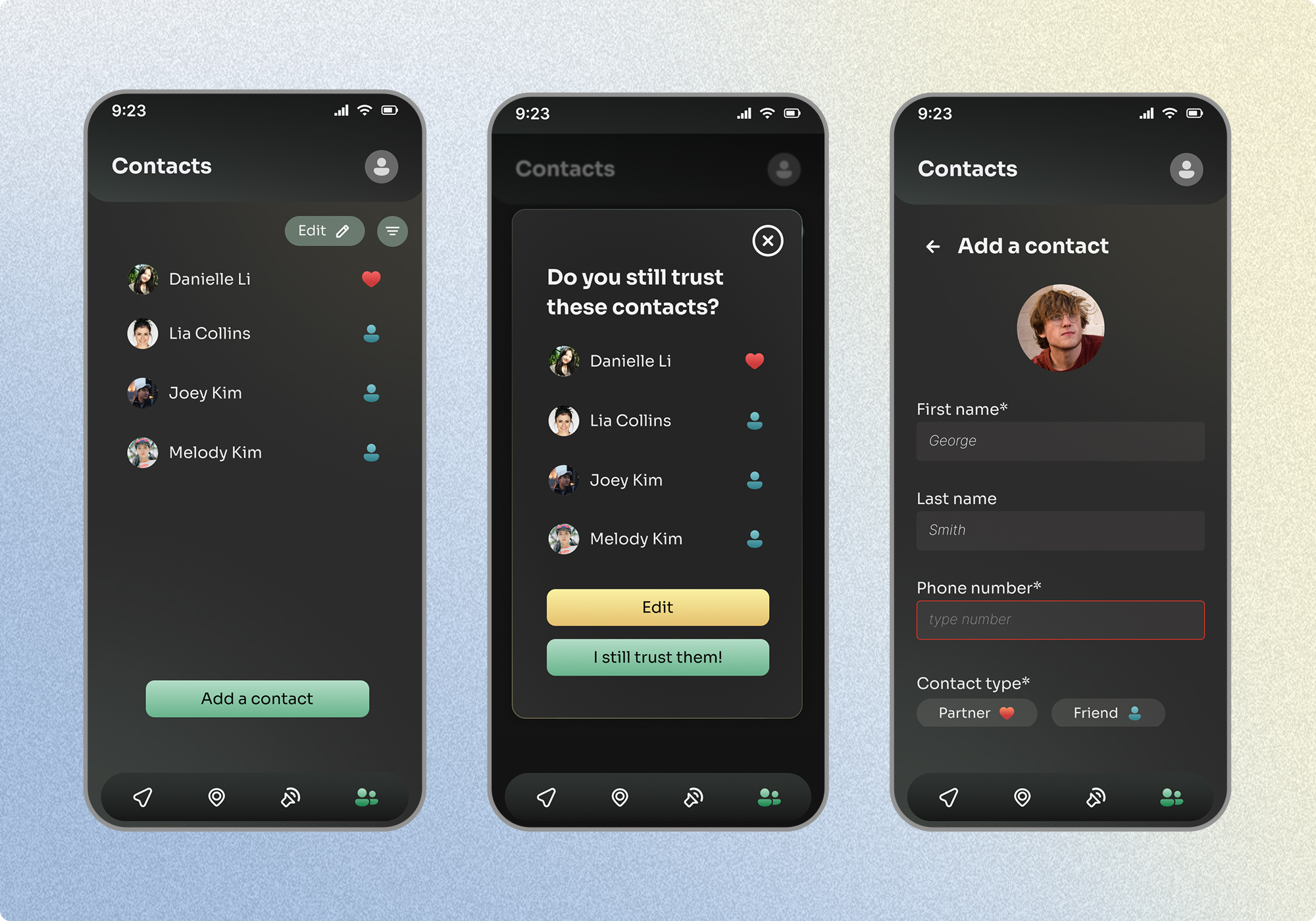 Contacts management flow showing a list of trusted contacts, a prompt to review and confirm existing contacts, and a form for adding a new trusted contact with relationship details.